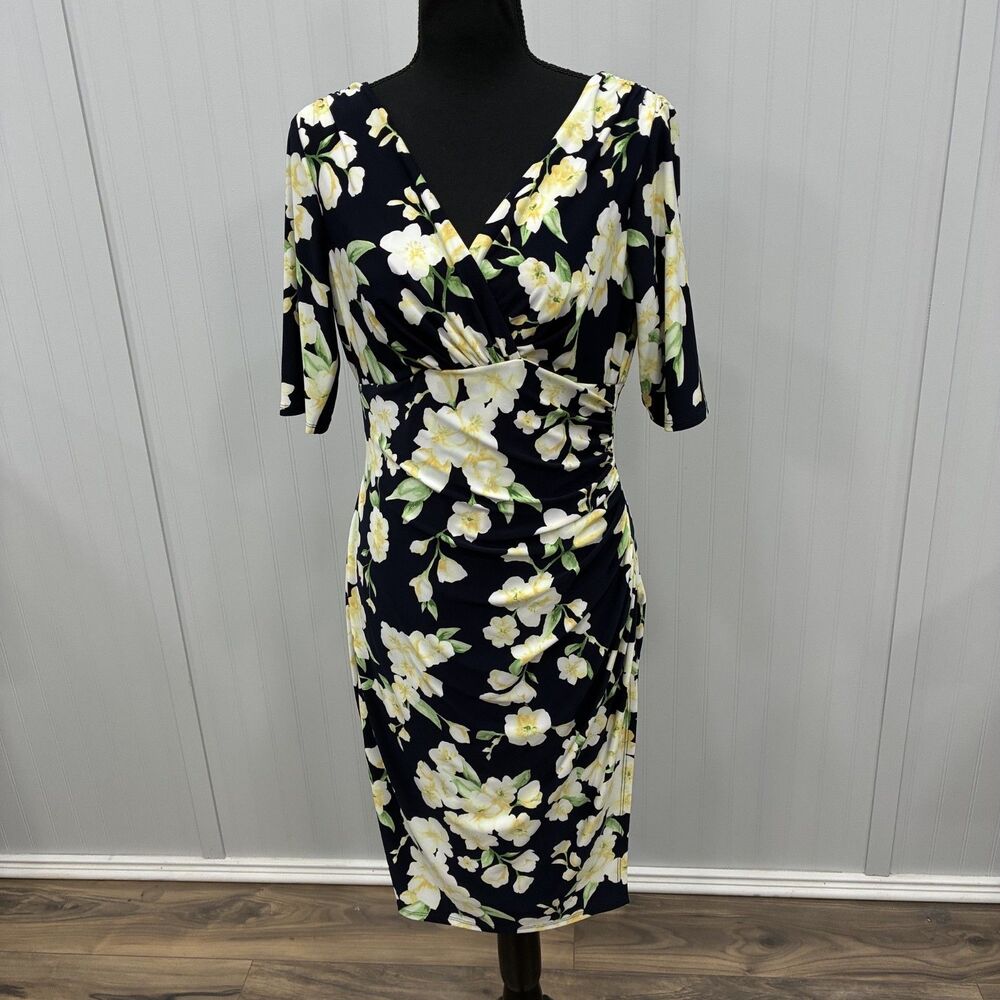 Lauren Ralph Lauren Womens 10 Navy Yellow Floral Faux Wrap Sheath Dress